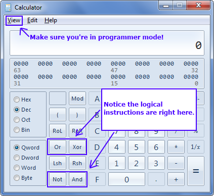 Windows 7 Calc - Logical Instructions